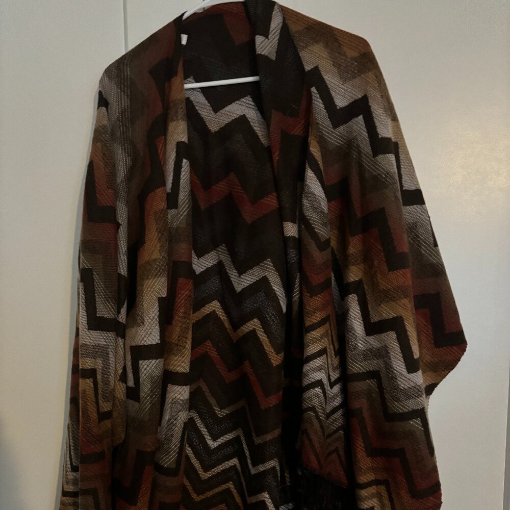 Women's Charming Charlie Orange, Black and Tan Striped Poncho